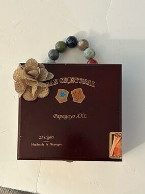 Cigar box purse upcycled wooden San Cristobal wooden box with big bead handle